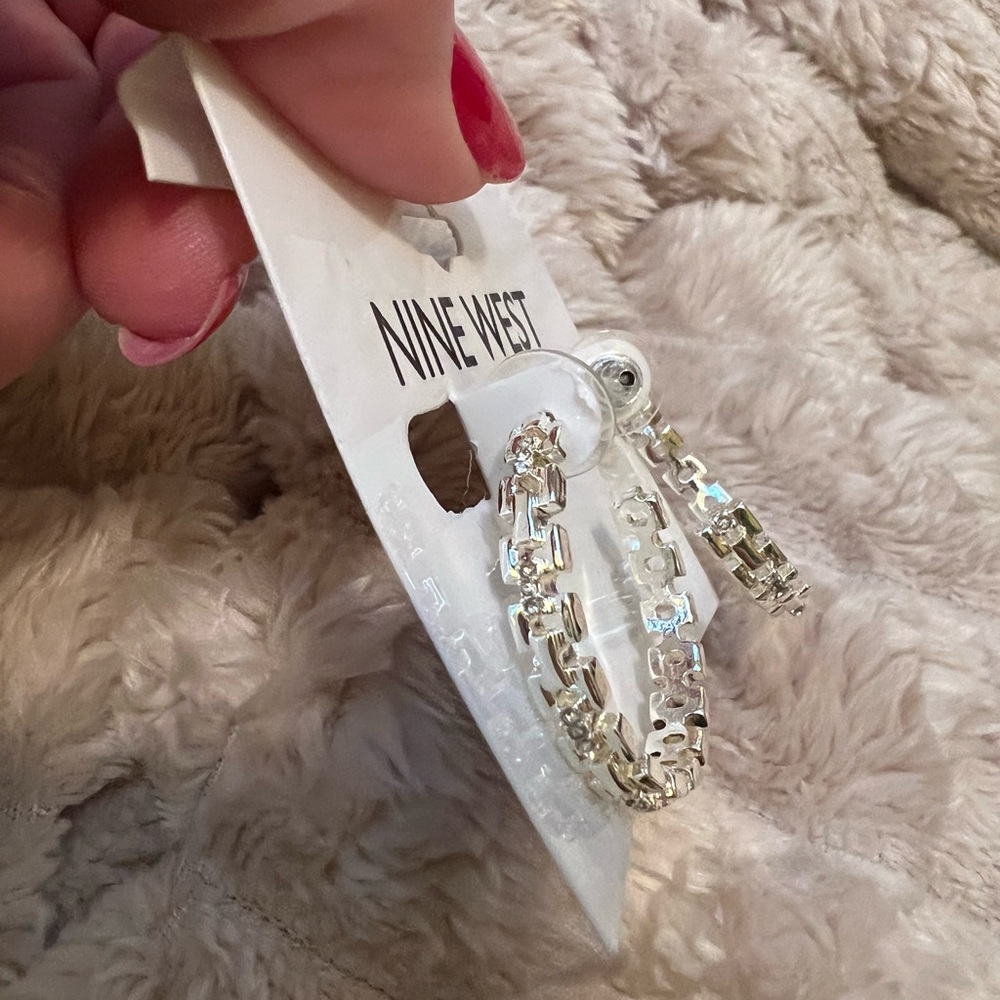 Nine West Silver Tone Hoop Earrings with Rhinestones Chain Link Design NWT